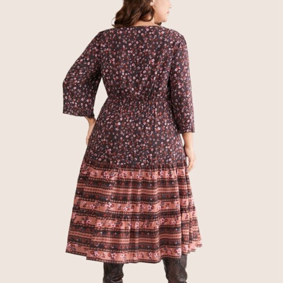 BloomChic Ditsy Floral Patchwork Square Neck Frill Trim Dress Size L us 12 - Picture 4 of 7